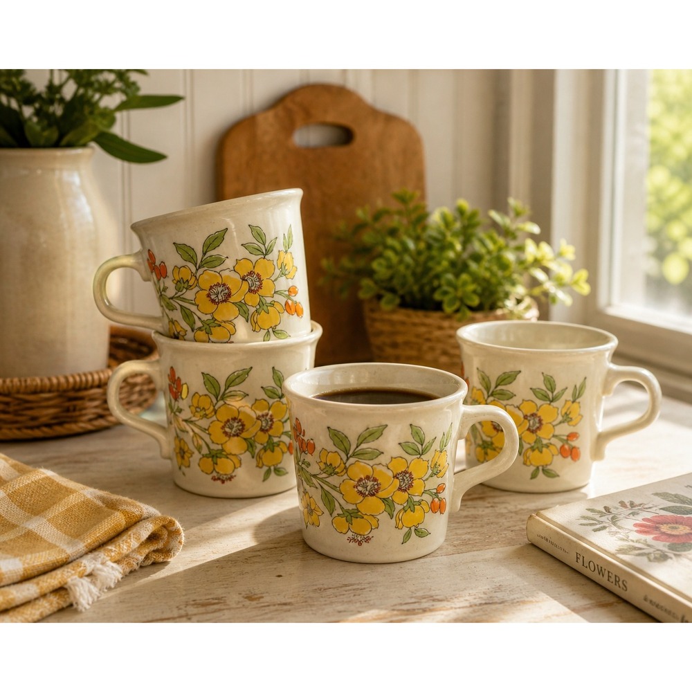 Vintage 70s Floral Mugs Taylor USA Set‎ 4 Yellow Orange Boho Retro Cups